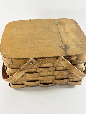 Vintage Woven 13.5x12 Wooden Picnic Basket Hinged Lid Dual Handles Square Shape